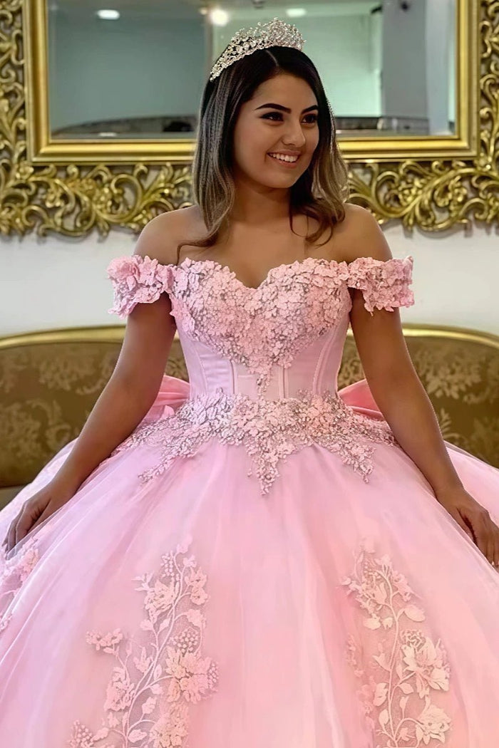 Gemma | Stunning Light Pink Flower Quinceanera Dress with Bow - Ideal for Sweet 16 Parties - Light Pink - PromDressClub