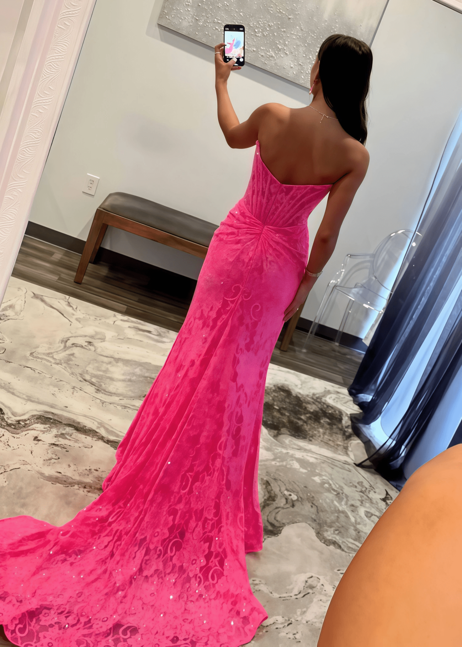 Genevieve |Mermaid Strapless Lavender Lace Ruched Prom Dress with Slit - Fuchsia - US0 - PromDressClub