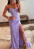 Genevieve |Mermaid Strapless Lavender Lace Ruched Prom Dress with Slit - Lavender - US0 - PromDressClub