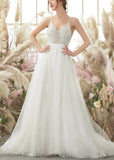 Georgia | A Line Spaghetti Strap Open Back Lace Long White Wedding Dress With Court Train - White - PROMDRESS Club