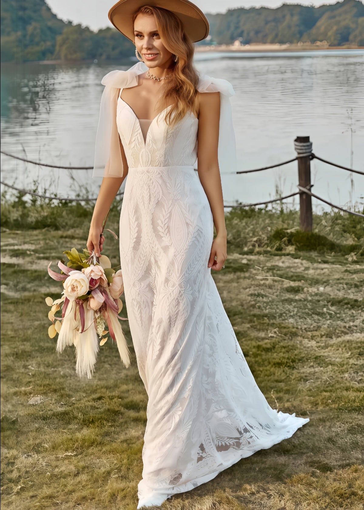 Geraldine | Boho Mermaid V Neck Backless Lace Long White Wedding Dress Train with Bow - White - PROMDRESS Club