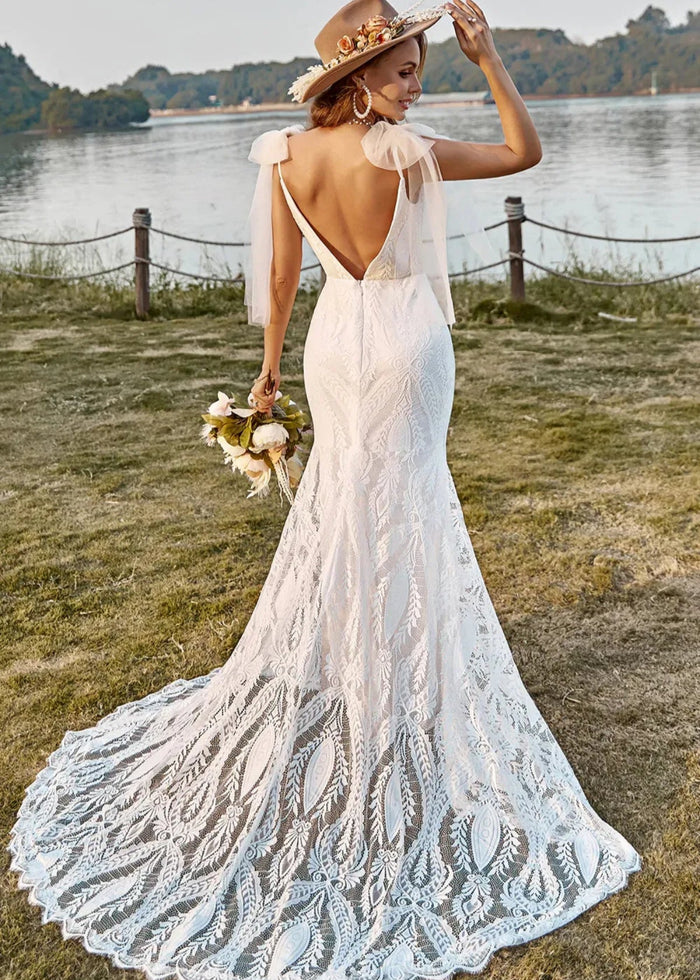 Geraldine | Boho Mermaid V Neck Backless Lace Long White Wedding Dress Train with Bow - Price #price_variant_lowest# - White - PromDressClub