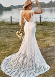 Geraldine | Boho Mermaid V Neck Backless Lace Long White Wedding Dress Train with Bow - White - PROMDRESS Club