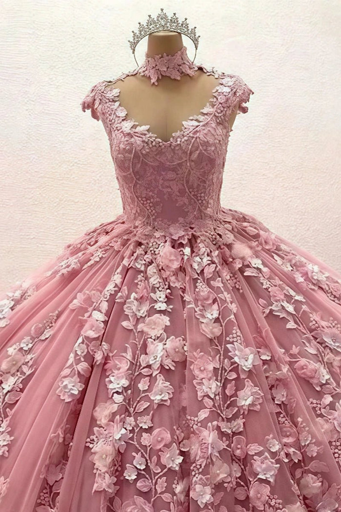 Geraldine | Elegant Corset Pink Quinceanera Flower Dresses - Pink - PromDressClub