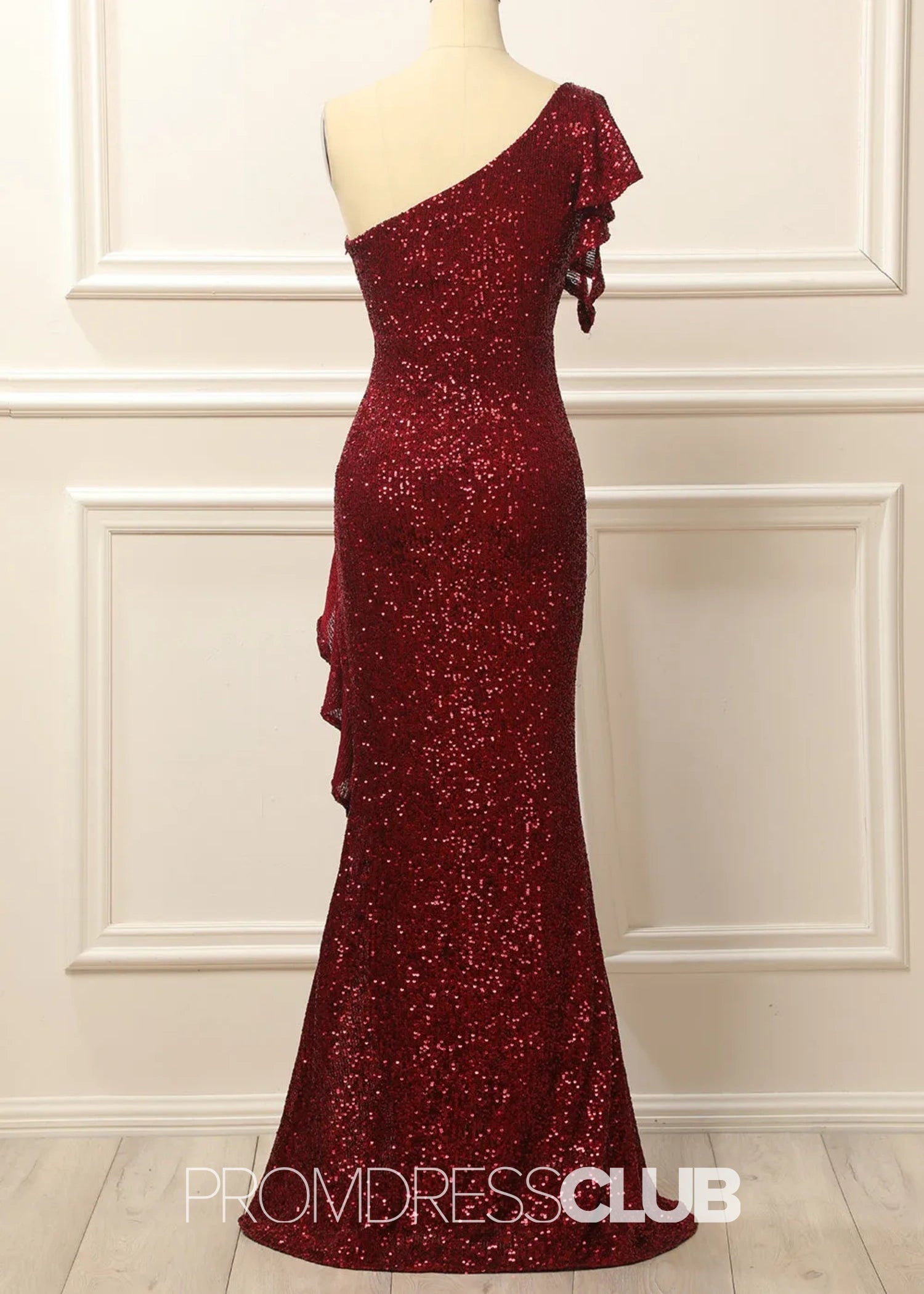 Geraldine |Long Burgundy Prom Dresses Near Me With Mermaid Sequins One Shoulder - Burgundy - US0 - PromDressClub