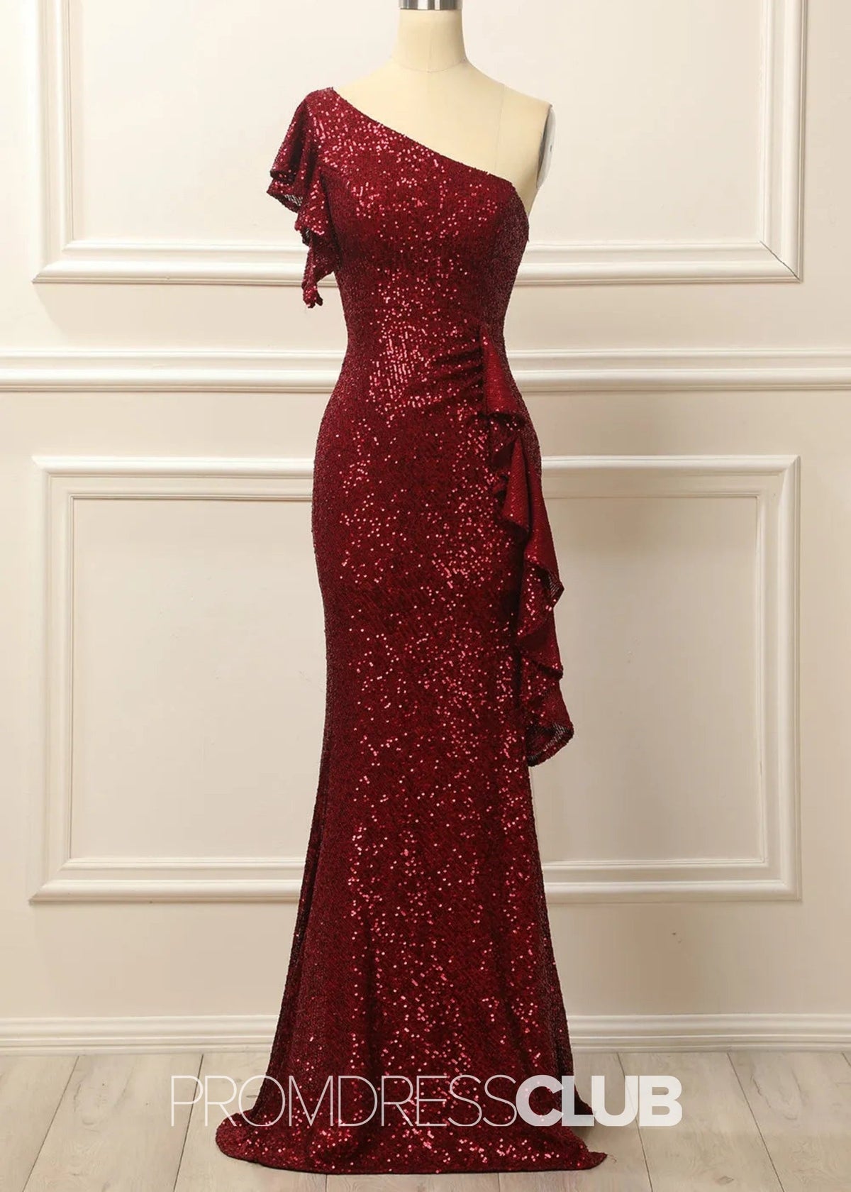 Geraldine |Long Burgundy Prom Dresses Near Me With Mermaid Sequins One Shoulder - Burgundy - US0 - PromDressClub