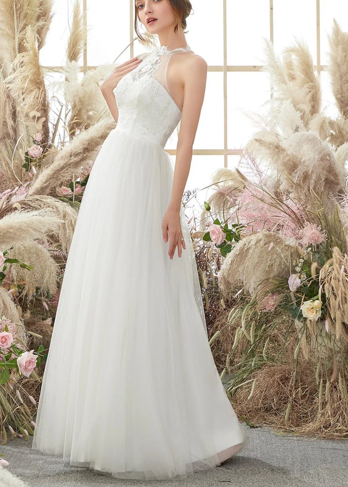 Gill | A Line Halter Neckline Open Back Long White Tulle Wedding Dress - White - PROMDRESS Club