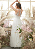 Gill | A Line Halter Neckline Open Back Long White Tulle Wedding Dress - White - PROMDRESS Club