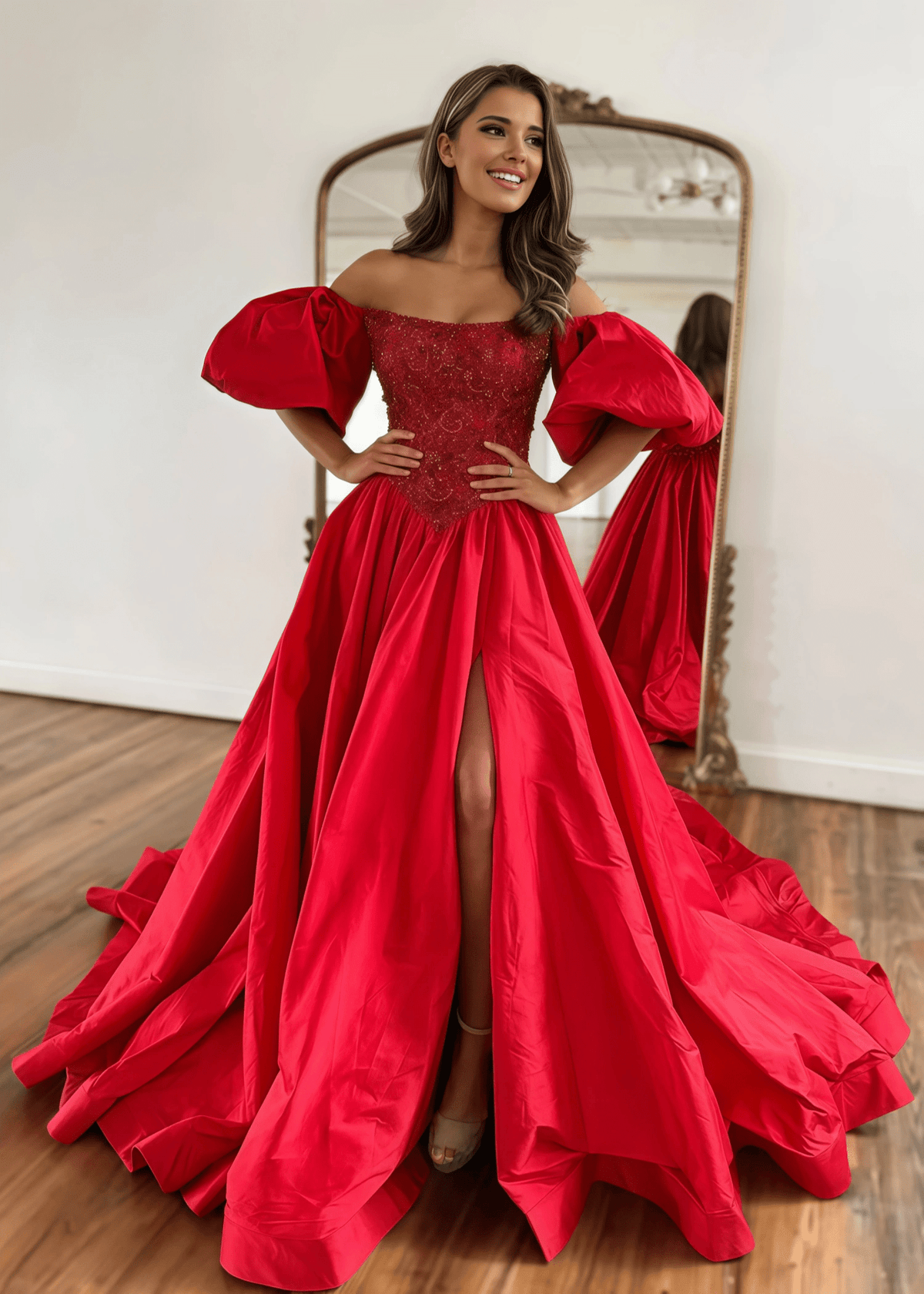 Gladys |A - Line Off The Shoulder Taffeta Red Long Prom Dress With Short Puffy Sleeves - Red - US0 - PromDressClub