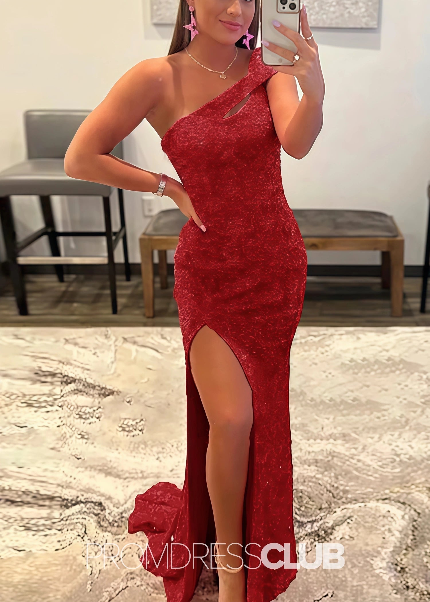 Gladys |Long Black Prom Dresses Near Me With Mermaid One Shoulder Sequins Split Formal Dresses - Red - US0 - PromDressClub