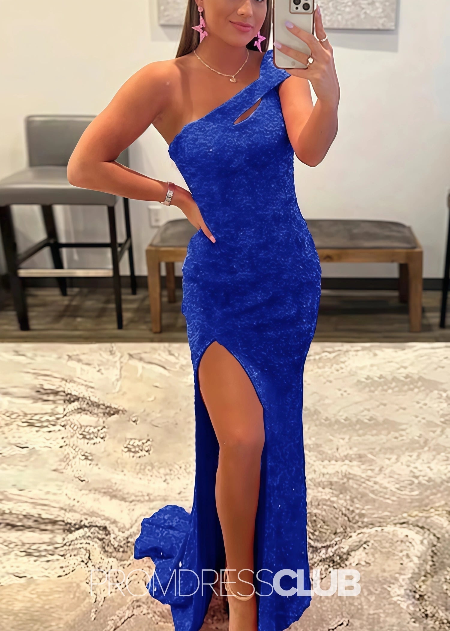 Gladys |Long Black Prom Dresses Near Me With Mermaid One Shoulder Sequins Split Formal Dresses - Royal Blue - US0 - PromDressClub