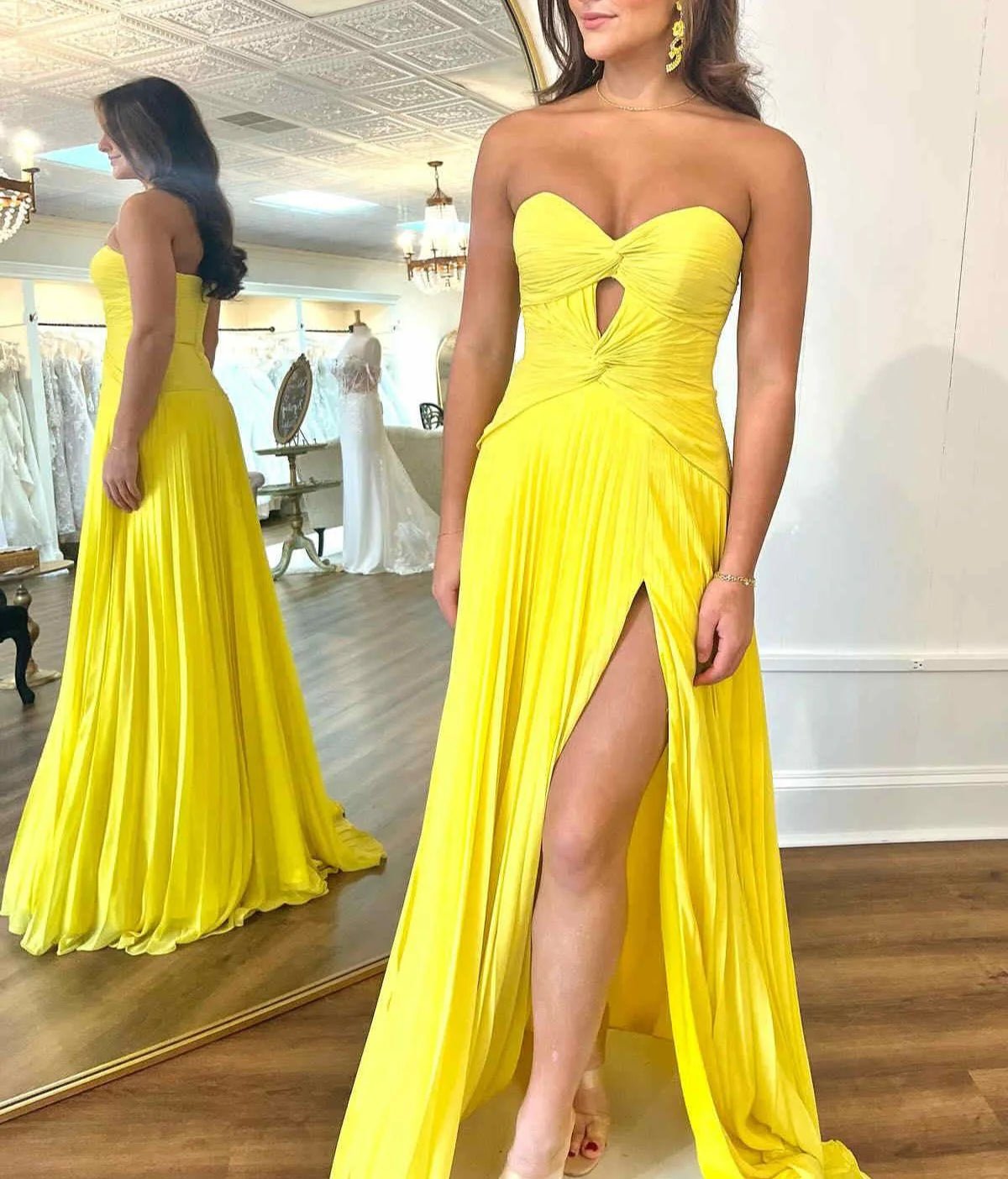 Gloria |A - Line Strapless Keyhole Pleated Fuchsia Long Prom Dress With Slit - Yellow - US0 - PromDressClub