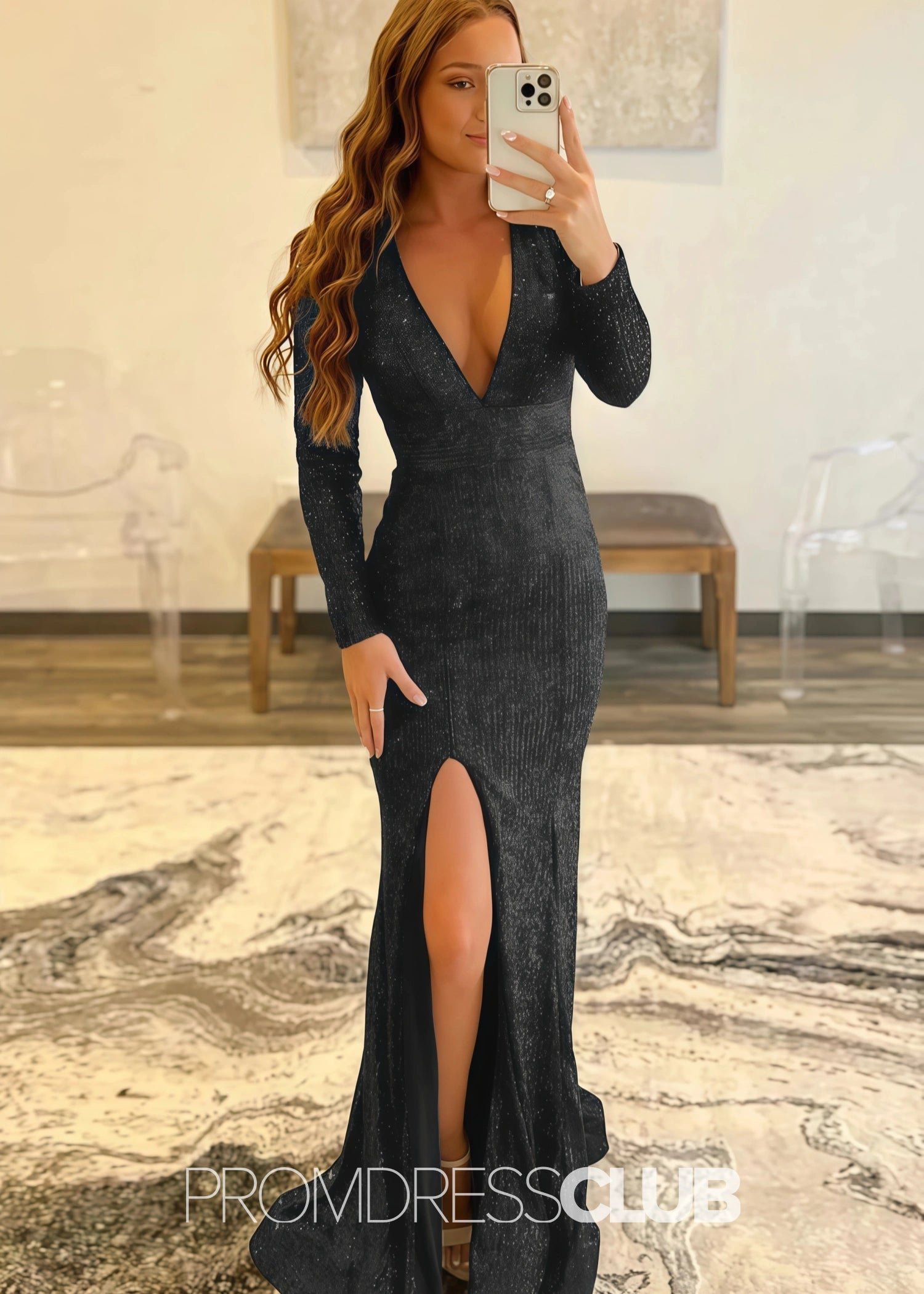 Gloria |Long Red Prom Dresses Near Me With Mermaid Deep V Neck Front Split Formal Dresses - Black - US0 - PromDressClub