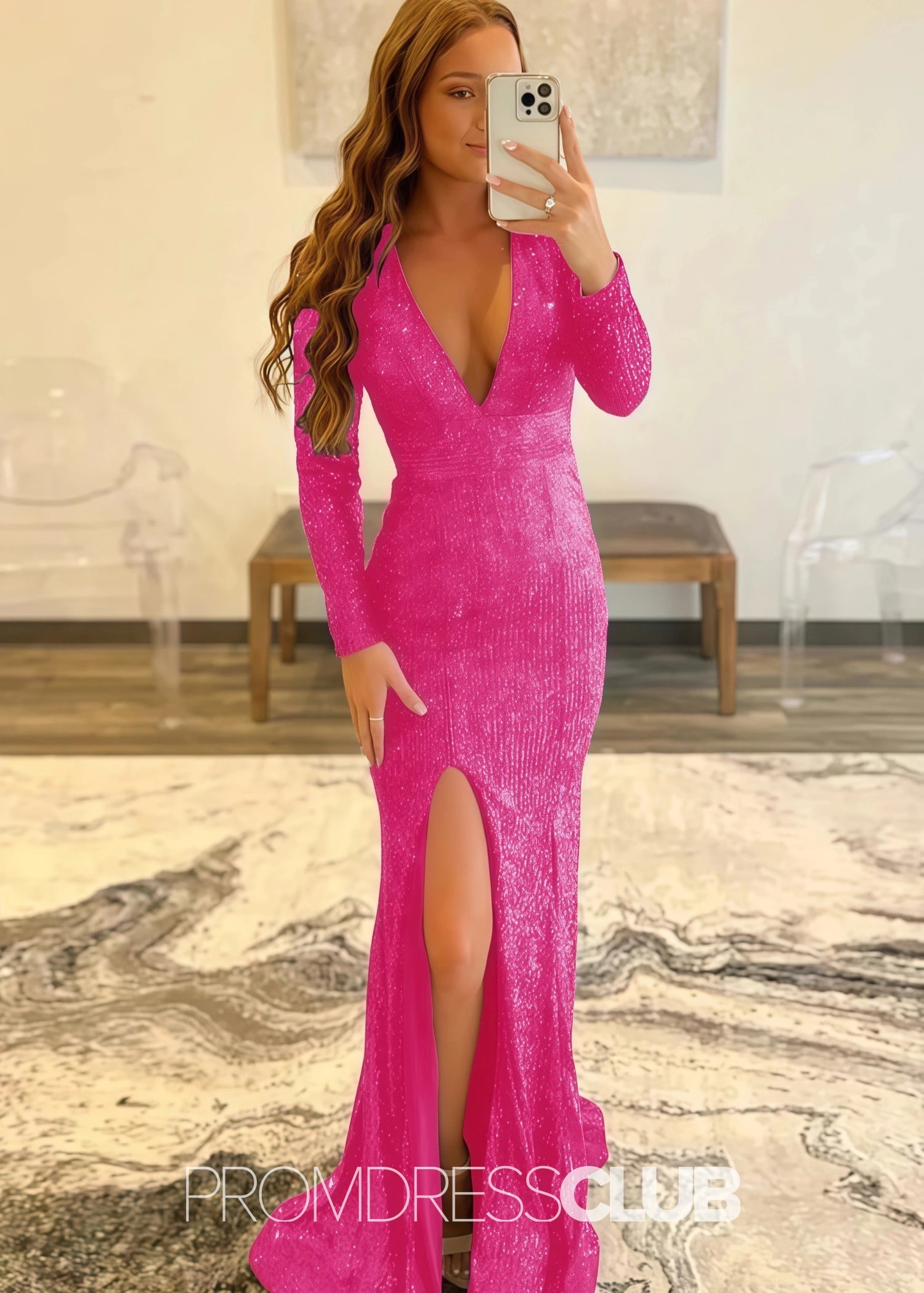 Gloria |Long Red Prom Dresses Near Me With Mermaid Deep V Neck Front Split Formal Dresses - Fuchsia - US0 - PromDressClub