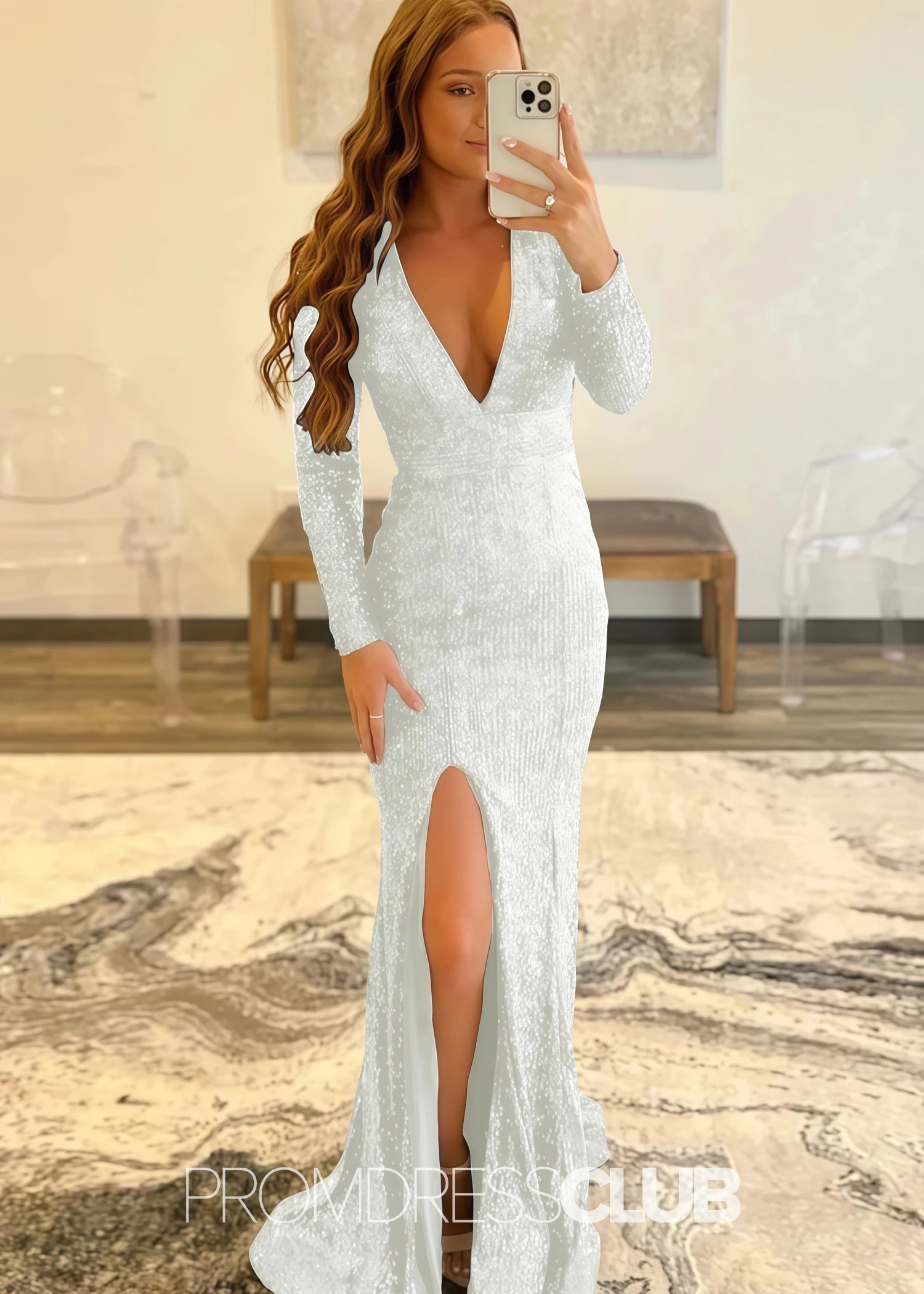 Gloria |Long Red Prom Dresses Near Me With Mermaid Deep V Neck Front Split Formal Dresses - Ivory - US0 - PromDressClub