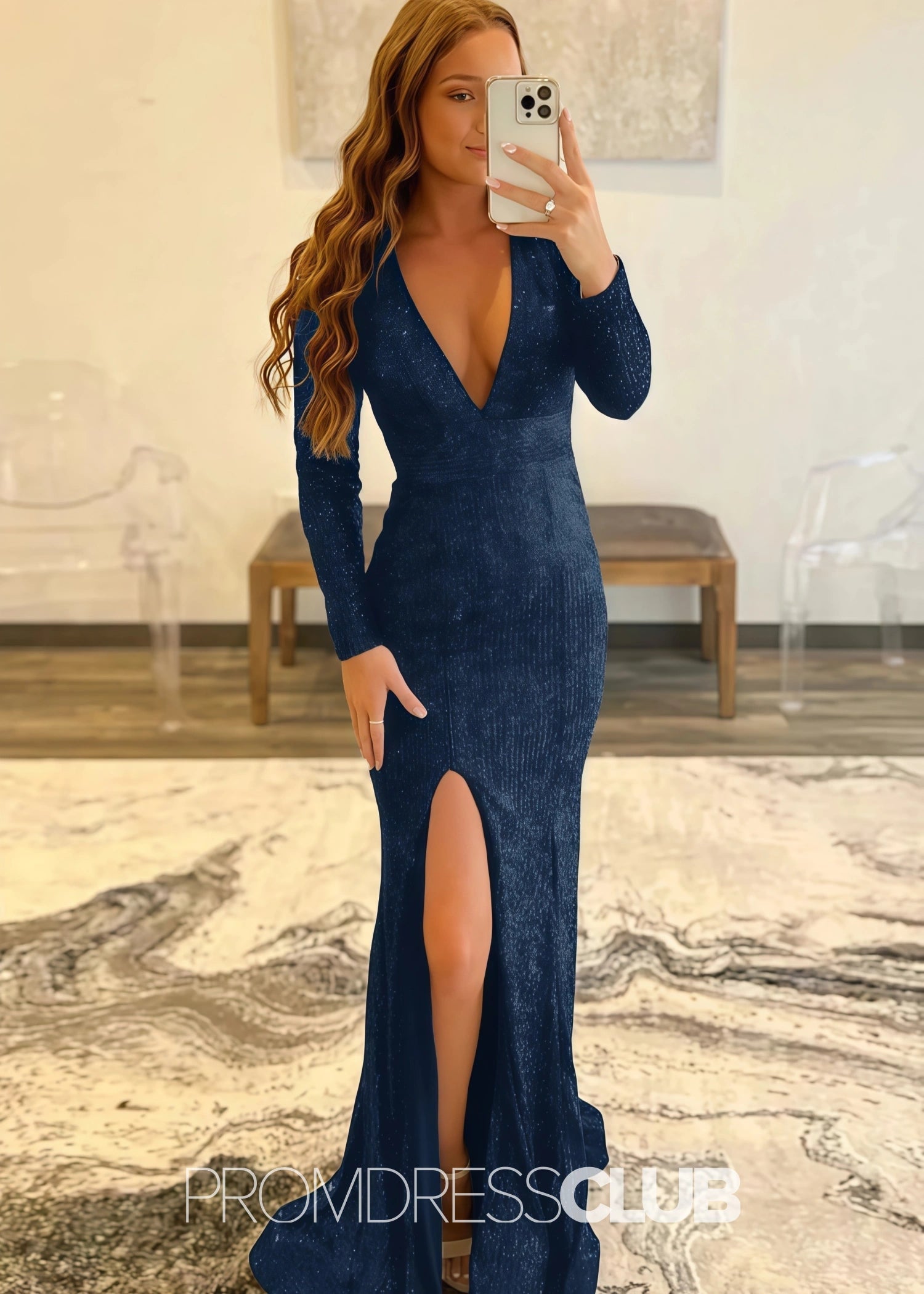 Gloria |Long Red Prom Dresses Near Me With Mermaid Deep V Neck Front Split Formal Dresses - Navy Blue - US0 - PromDressClub