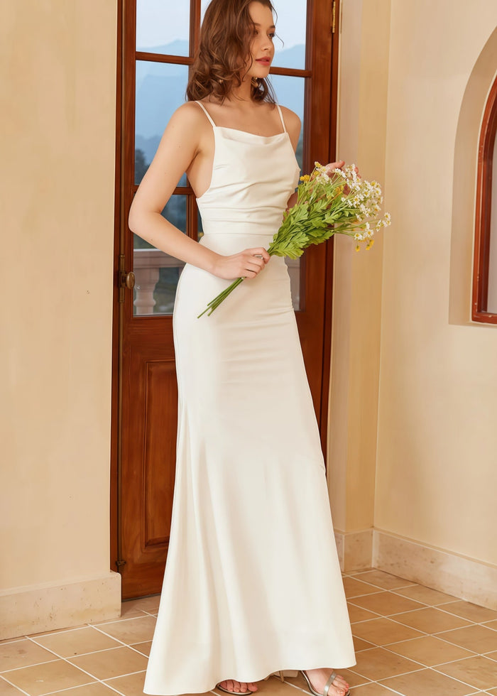 Grace | Boho Mermaid Square Neck Spaghetti Strap White Satin Wedding Dress with Backless - Price #price_variant_lowest# - White - PromDressClub