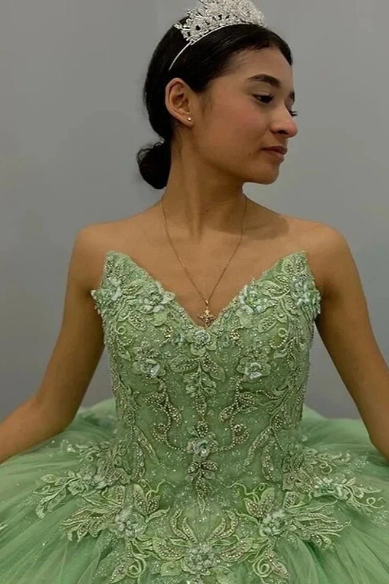 Greta | Beautiful Green Strapless Quinceanera Dresses for Sweet 16 Events - Light Green - PromDressClub