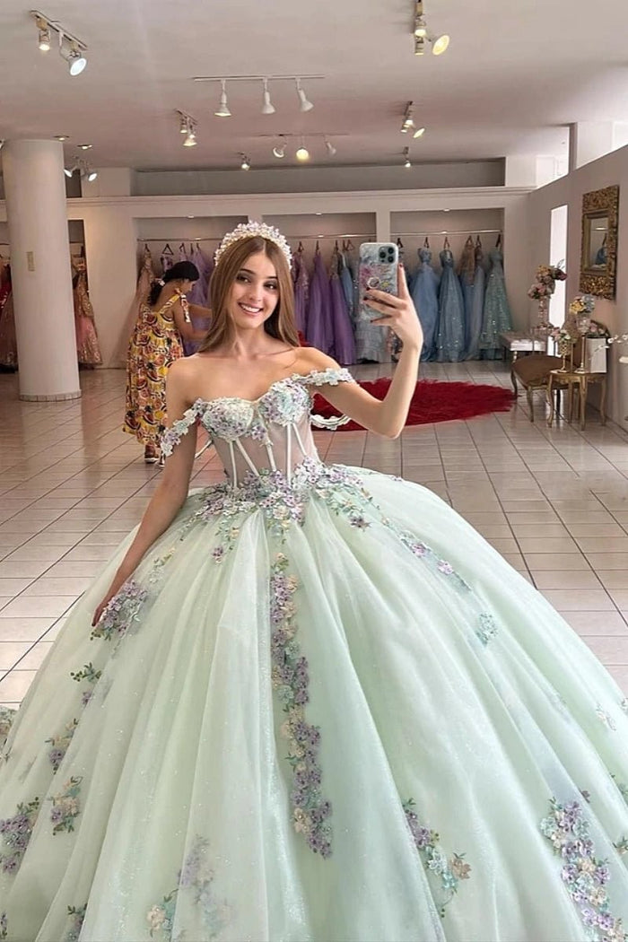 Gretchen | Stunning Adorable Light Green Off The Shoulder Quinceanera Dresses for Unforgettable Moments - Light Green - PromDressClub