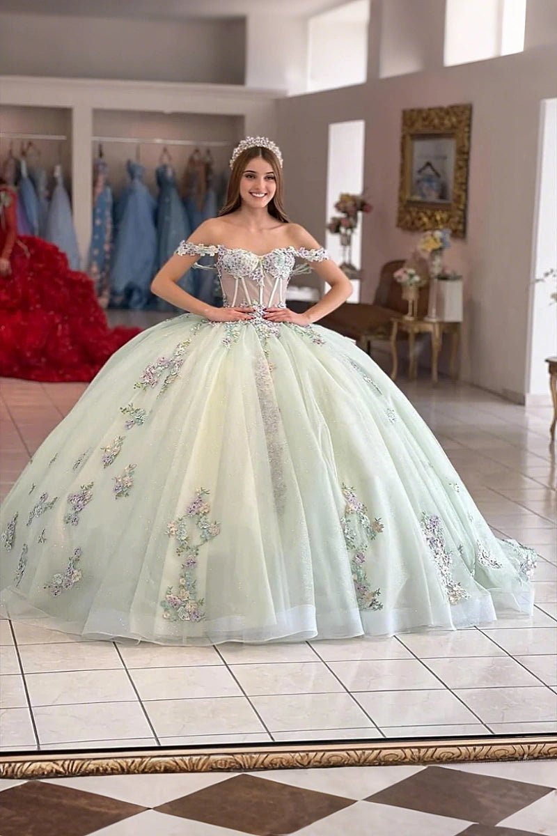 Gretchen | Stunning Adorable Light Green Off The Shoulder Quinceanera Dresses for Unforgettable Moments - Light Green - PromDressClub