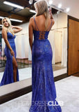 Griselda |Long Royal Blue Prom Dresses Near Me With Spaghetti Straps Sequins Split - Royal Blue - US0 - PromDressClub