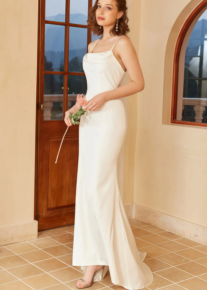 Griselda | Mermaid Boho Spaghetti Strap Open Back Satin Wedding Reception Dress with Train - White - PromDressClub