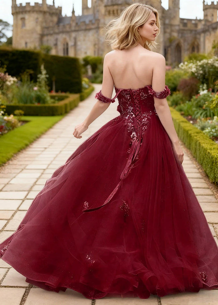 Gwen Burgundy 3D Flower Off Shoulder Prom Dress | A - Line Sweetheart Neckline Corset Tulle Formal Dress - Burgundy - PromDressClub