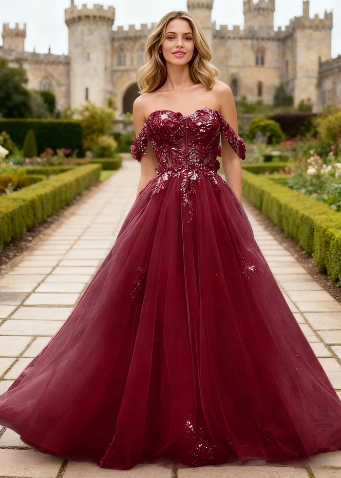 Gwen Burgundy 3D Flower Off Shoulder Prom Dress | A - Line Sweetheart Neckline Corset Tulle Formal Dress - Burgundy - PromDressClub