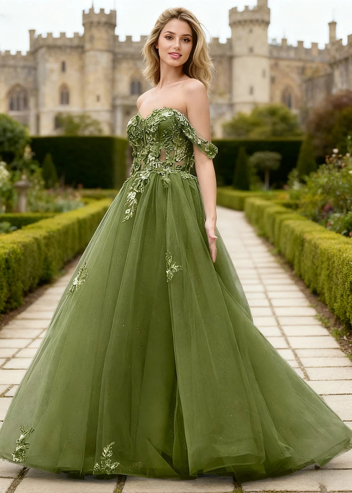 Gwen Olive Green 3D Flower Off Shoulder Prom Dress | A - Line Sweetheart Neckline Corset Tulle Formal Dress - Olive Green - PromDressClub