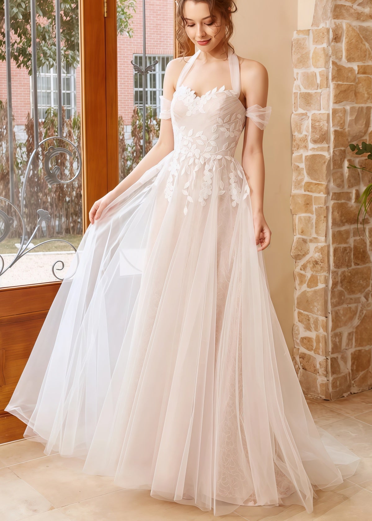 Gwendolyn | A Line Strapless Off the Shoulder White Tulle Wedding Dress with Appliques Lace - White - PROMDRESS Club