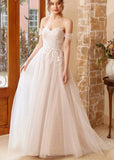 Gwendolyn | A Line Strapless Off the Shoulder White Tulle Wedding Dress with Appliques Lace - White - PROMDRESS Club