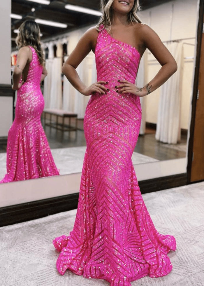 Gwendolyn | Hot Pink Orange One Shoulder Sequin Formal Dresses Mermaid - Hot Pink - PromDressClub