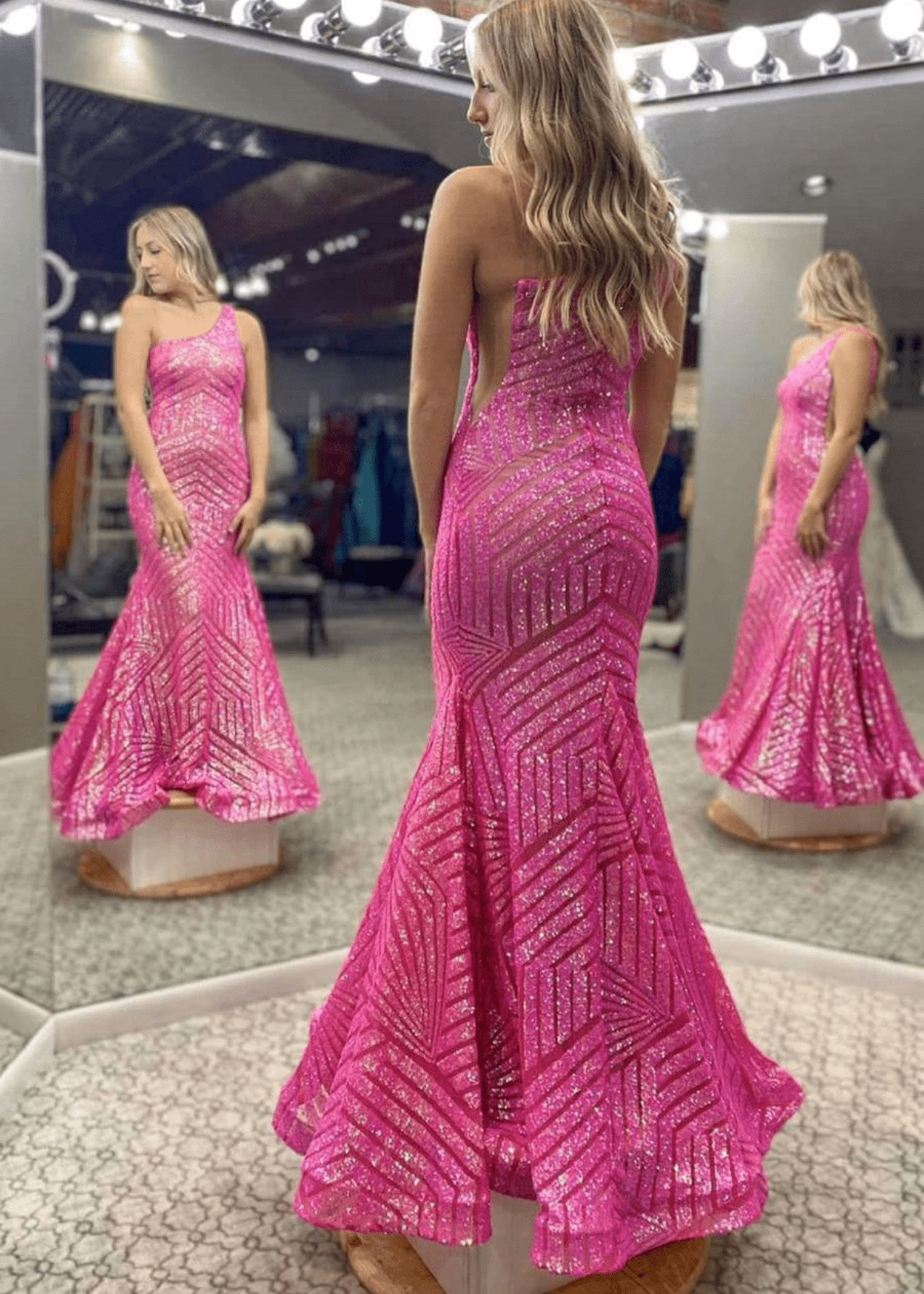 Gwendolyn |Mermaid One Shoulder Fuchsia Sequins Unique Long Prom Dress - Fuchsia - US0 - PromDressClub