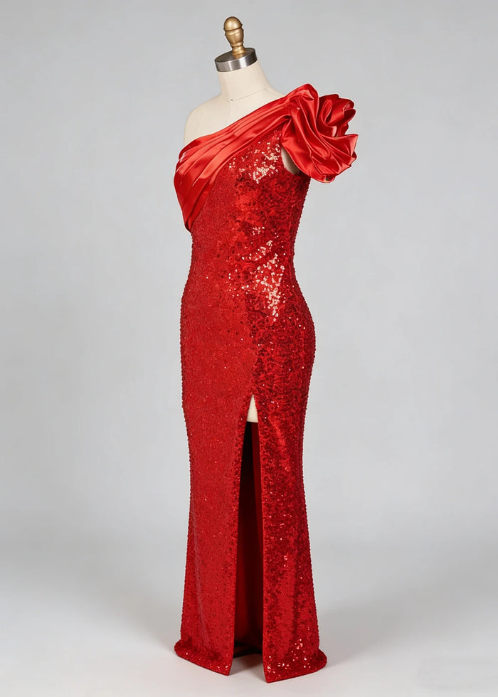 Hana Sparkly Red One Shoulder Prom Dress | Sheath Sequin 3D Flower Formal Dress with Slit - Red - PromDressClub