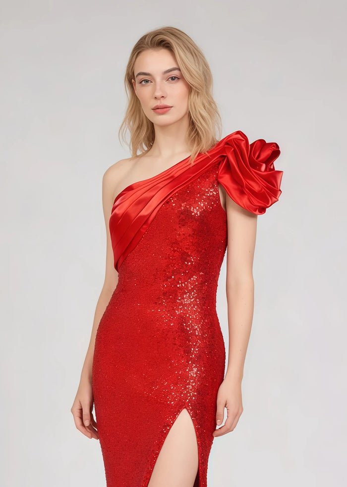 Hana Sparkly Red One Shoulder Prom Dress | Sheath Sequin 3D Flower Formal Dress with Slit - Red - PromDressClub
