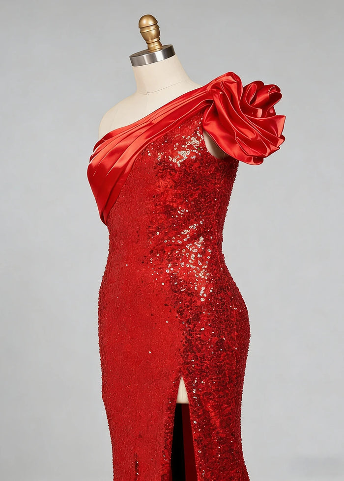 Hana Sparkly Red One Shoulder Prom Dress | Sheath Sequin 3D Flower Formal Dress with Slit - Red - PromDressClub