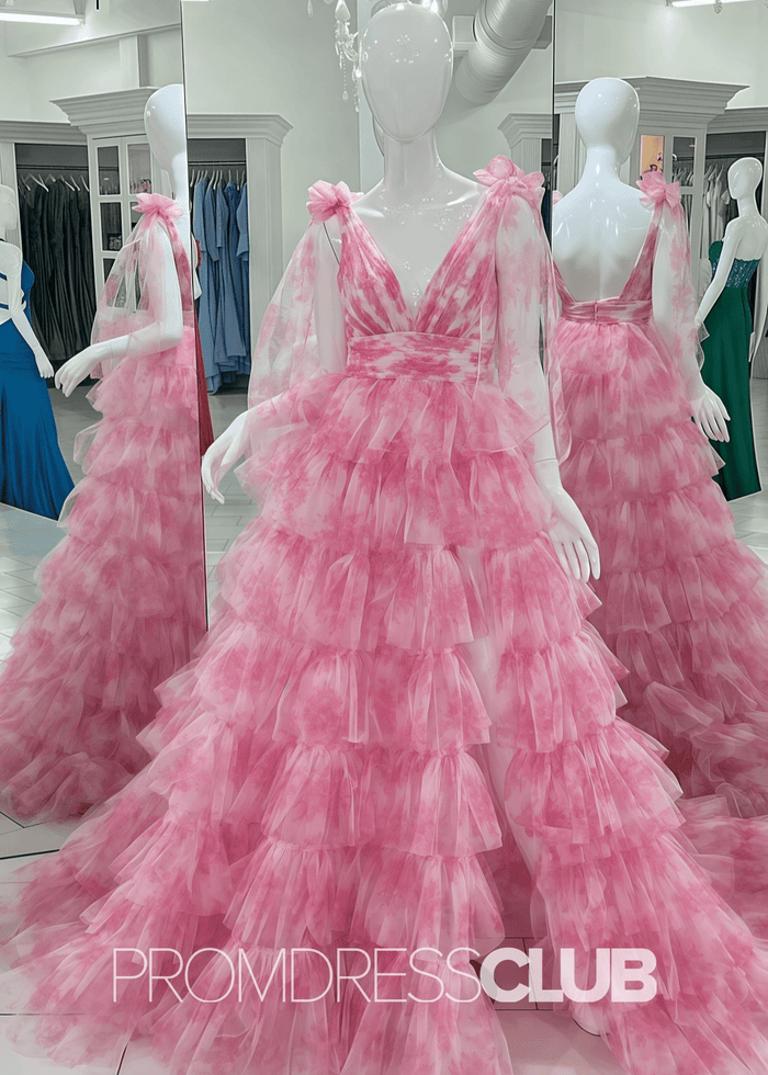 Hannah | Tie Straps Long Pink Floral Prom Dress - Price #price_variant_lowest# - Pink Floral - PromDressClub