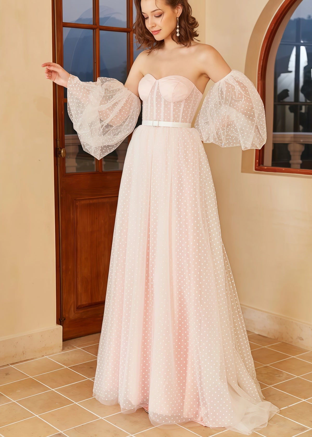 Hannah | White Pink Strapless Polka Dots Bell Sleeve Long Wedding Dress with Illusion Sheer and Belt - White - PROMDRESS Club