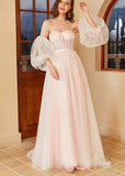 Hannah | White Pink Strapless Polka Dots Bell Sleeve Long Wedding Dress with Illusion Sheer and Belt - White - PROMDRESS Club