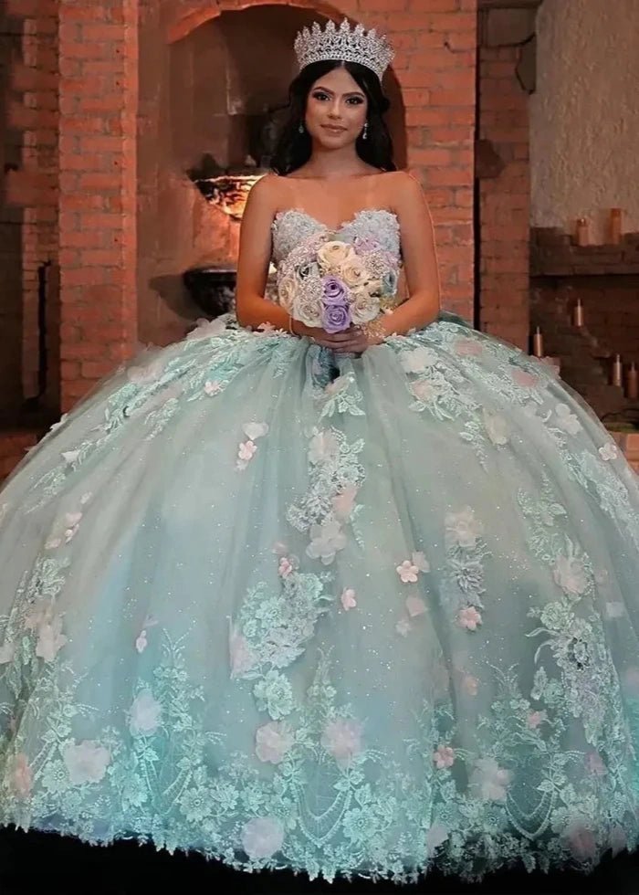 Harriet | Gorgeous Light Green Quinceanera Dress with Flower Details for Memorable Celebrations - Light Green - PromDressClub