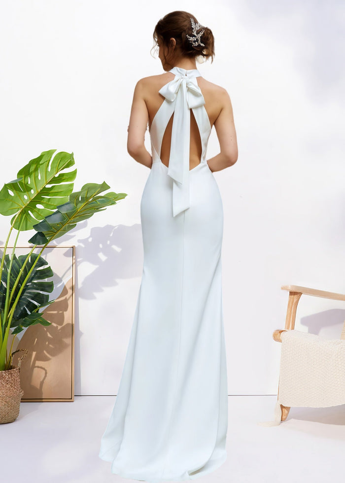 Harriet | Simple Mermaid Halter Neck Backless White Satin Wedding Dress with Bow - Price #price_variant_lowest# - White - PromDressClub