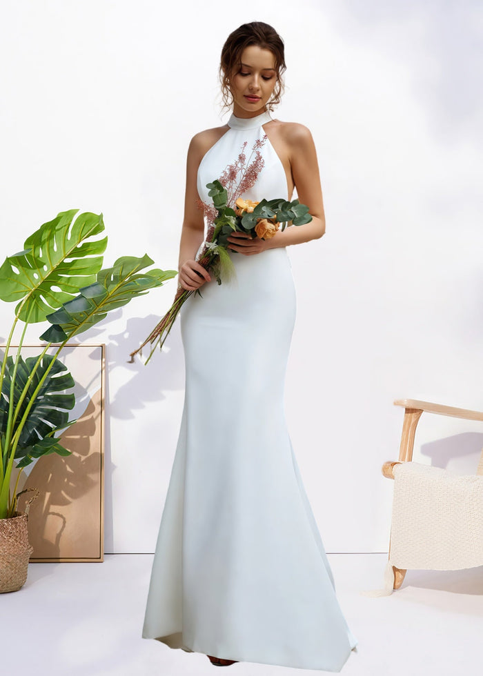 Harriet | Simple Mermaid Halter Neck Backless White Satin Wedding Dress with Bow - Price #price_variant_lowest# - White - PromDressClub