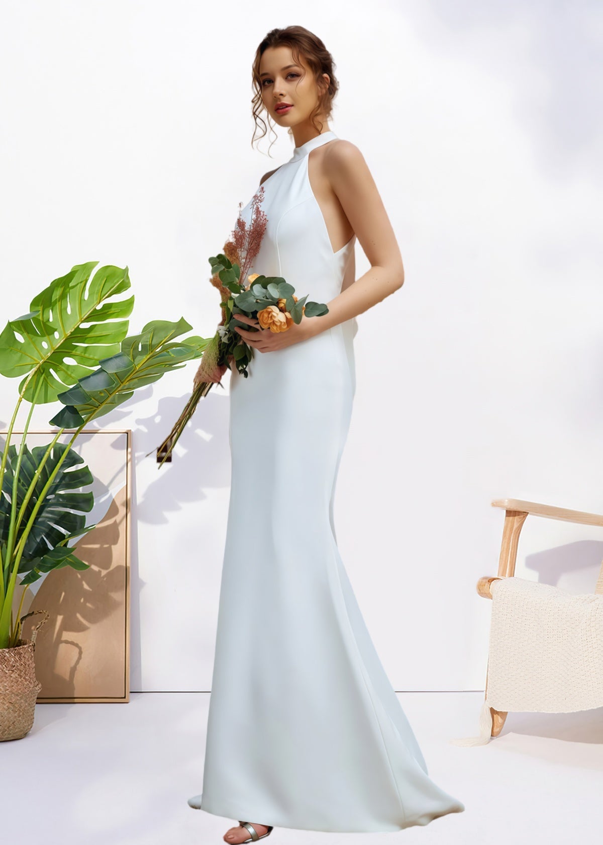 Harriet | Simple Mermaid Halter Neck Backless White Satin Wedding Dress with Bow - White - PROMDRESS Club