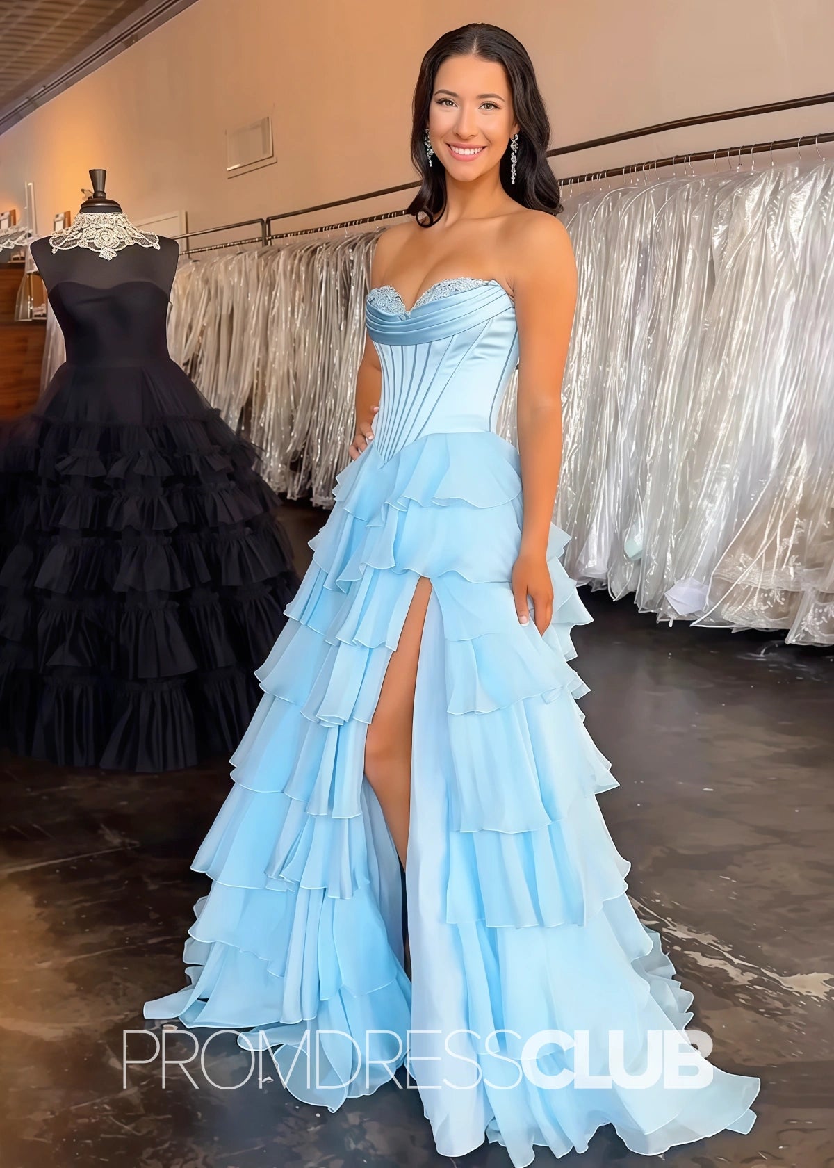 Harriet | Strapless Sweetheart Ruffle Red Prom Dress - Light Blue - PROMDRESS Club