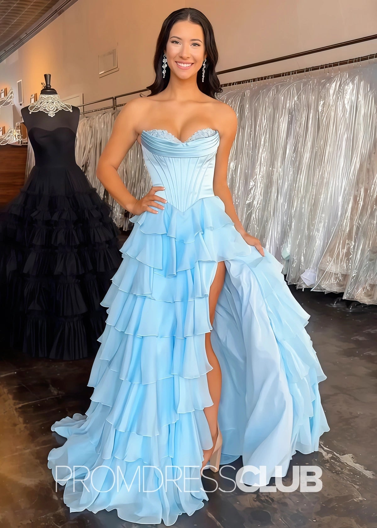 Harriet | Strapless Sweetheart Ruffle Red Prom Dress - Navy Blue - PROMDRESS Club