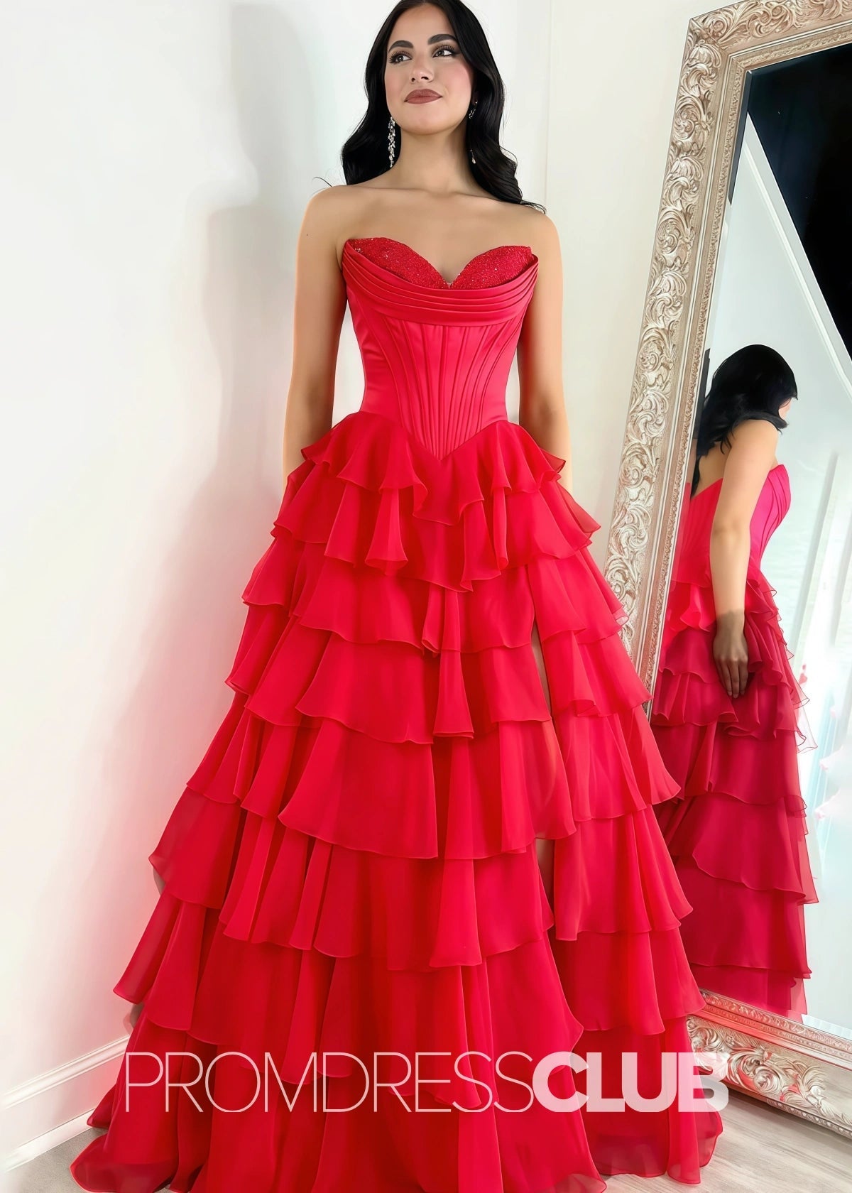 Harriet | Strapless Sweetheart Ruffle Red Prom Dress - Red - PROMDRESS Club