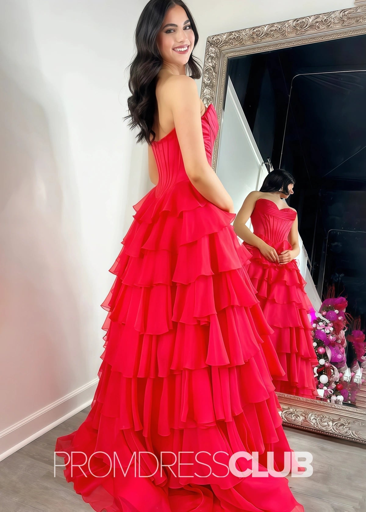 Harriet | Strapless Sweetheart Ruffle Red Prom Dress - Red - PROMDRESS Club