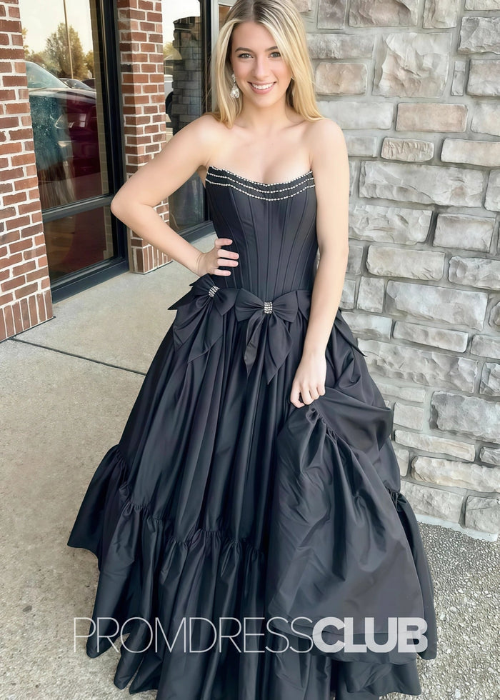 Hazel | A Line Bow Knots Long Prom Dress Light Blue - Price #price_variant_lowest# - Black - PromDressClub