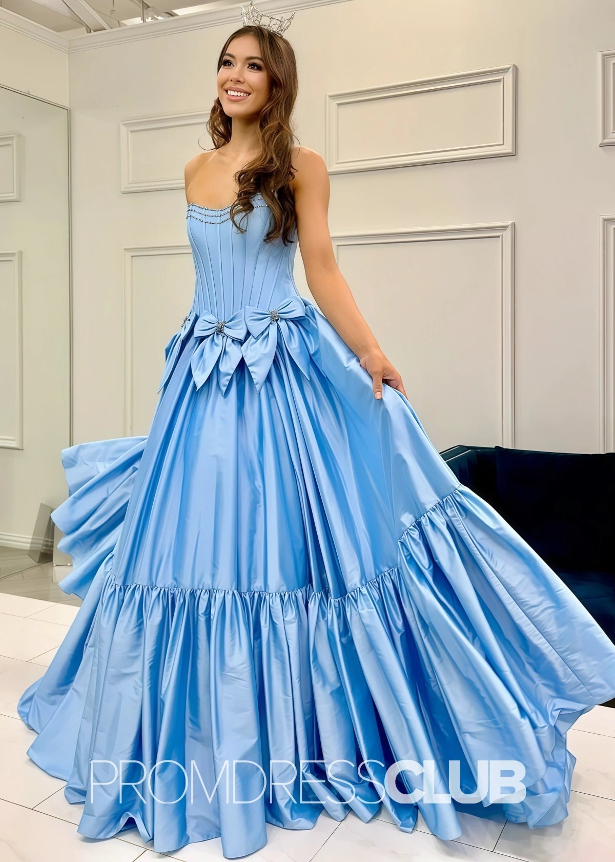 Hazel | A Line Bow Knots Long Prom Dress Light Blue - Light Blue - PROMDRESS Club