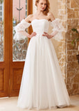 Hazel | A Line Off the Shoulder Strapless Puff Sleeve White Tulle Wedding Dress with Polka Dots - White - PROMDRESS Club